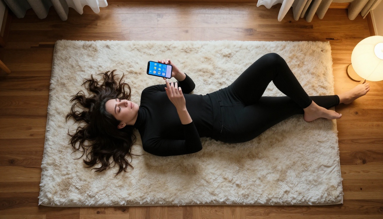 Aerial overhead view of woman lying on sheepskin rug with smartphone