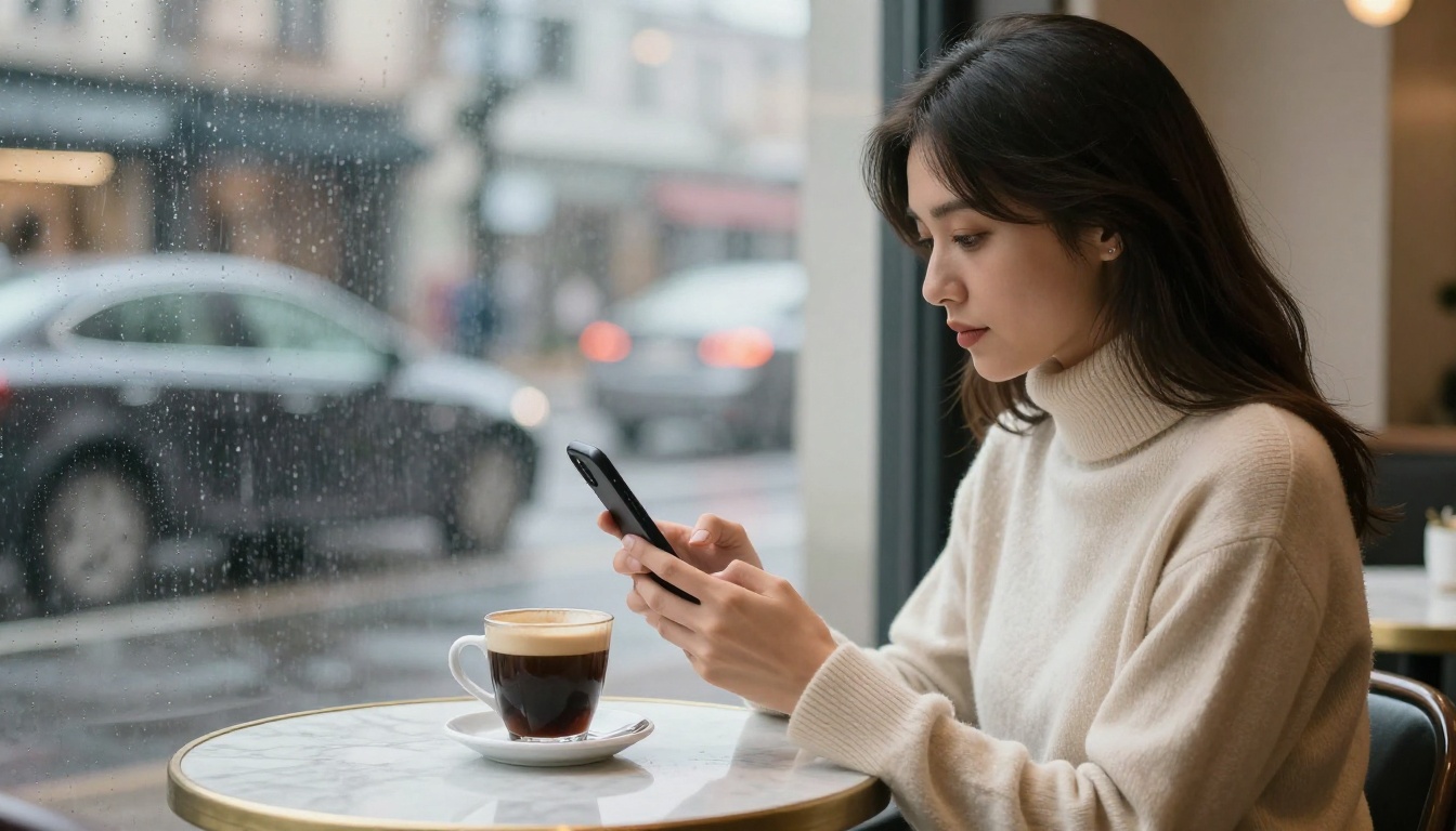 Woman reading a chat conversation at a rain-streaked cafe window Woman reading a chat conversation at a rain-streaked cafe window