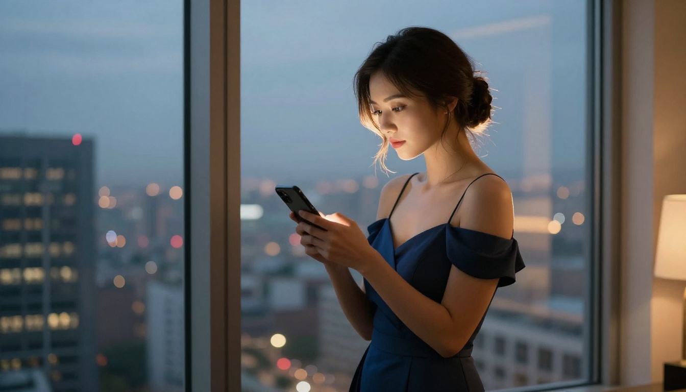Beautiful woman in midnight blue dress at apartment window with city skyline below