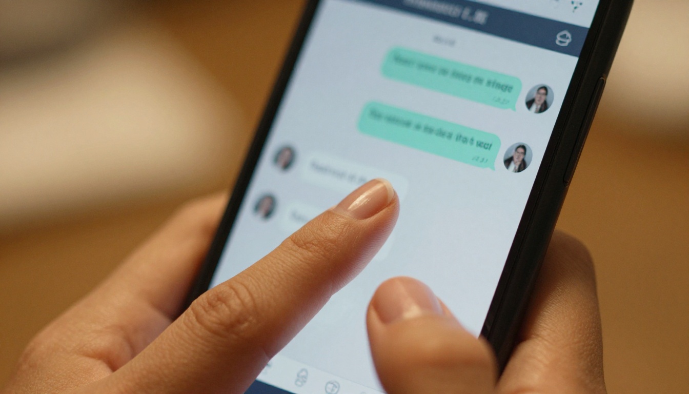 Close-up macro of fingers hovering over smartphone chat interface with rose-gold bokeh background