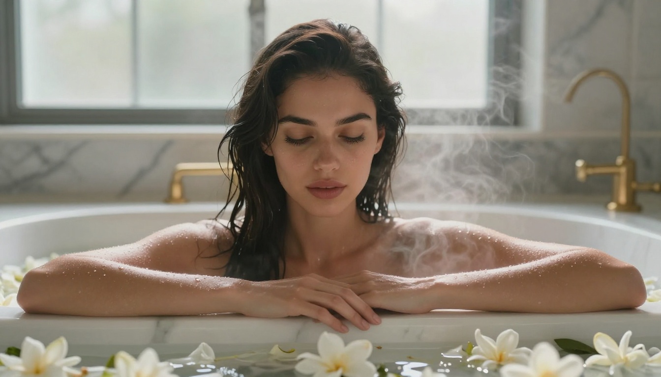 Woman in marble bathtub with flower petals