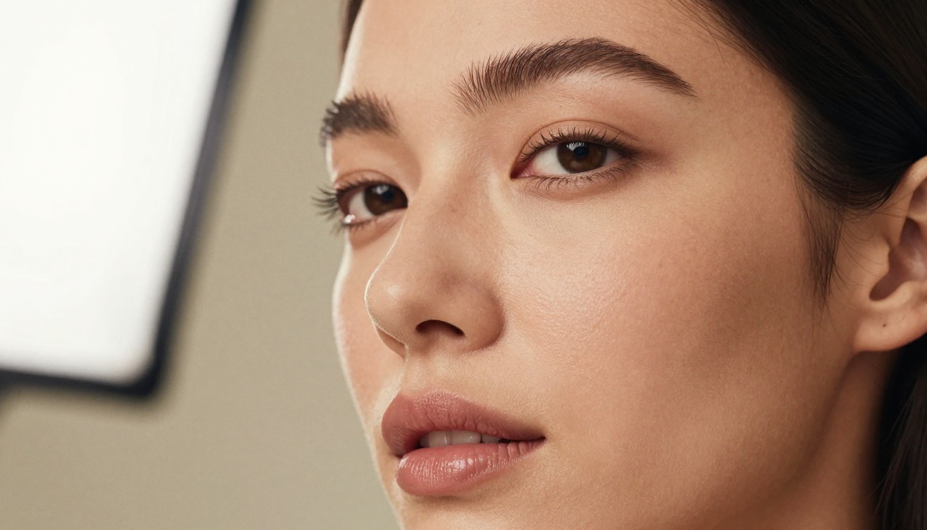 Extreme close-up beauty portrait, high-fashion glamour photography with natural skin texture detail
