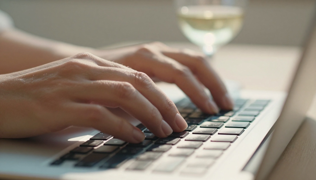Close-up macro shot of woman's hands typing on backlit keyboard
