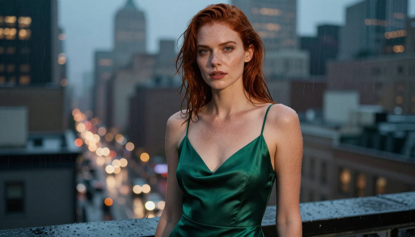 Redhead woman on rain-soaked Manhattan rooftop at dusk