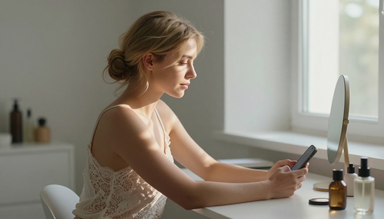 Blonde woman at white vanity table reading phone in morning light
