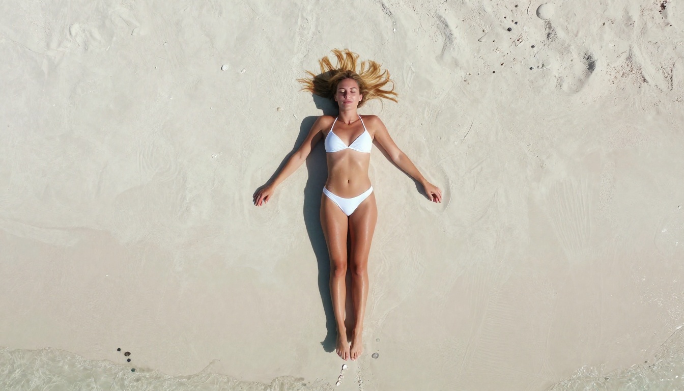 Aerial drone view of woman on white sand beach