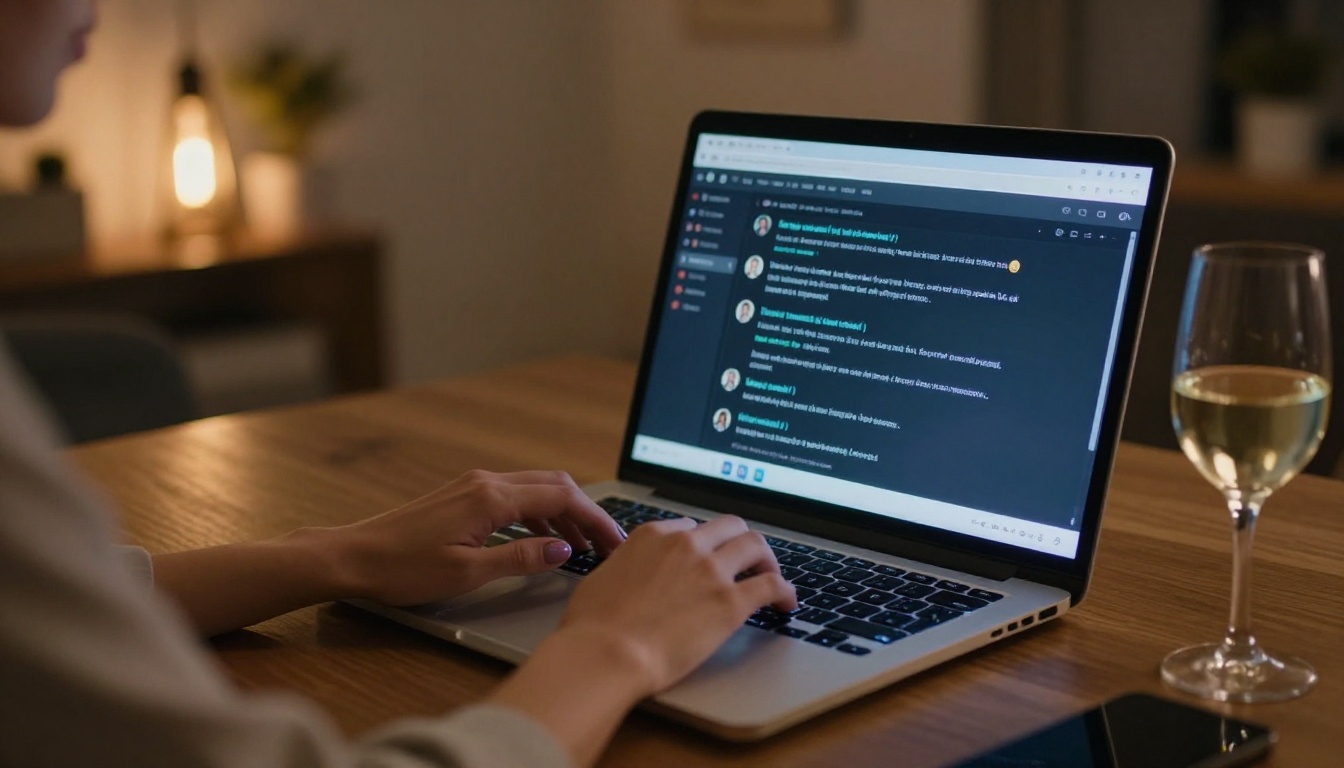 Hands typing on a laptop with a wine glass nearby, warm bokeh lighting Hands typing on a laptop with a wine glass nearby, warm bokeh lighting