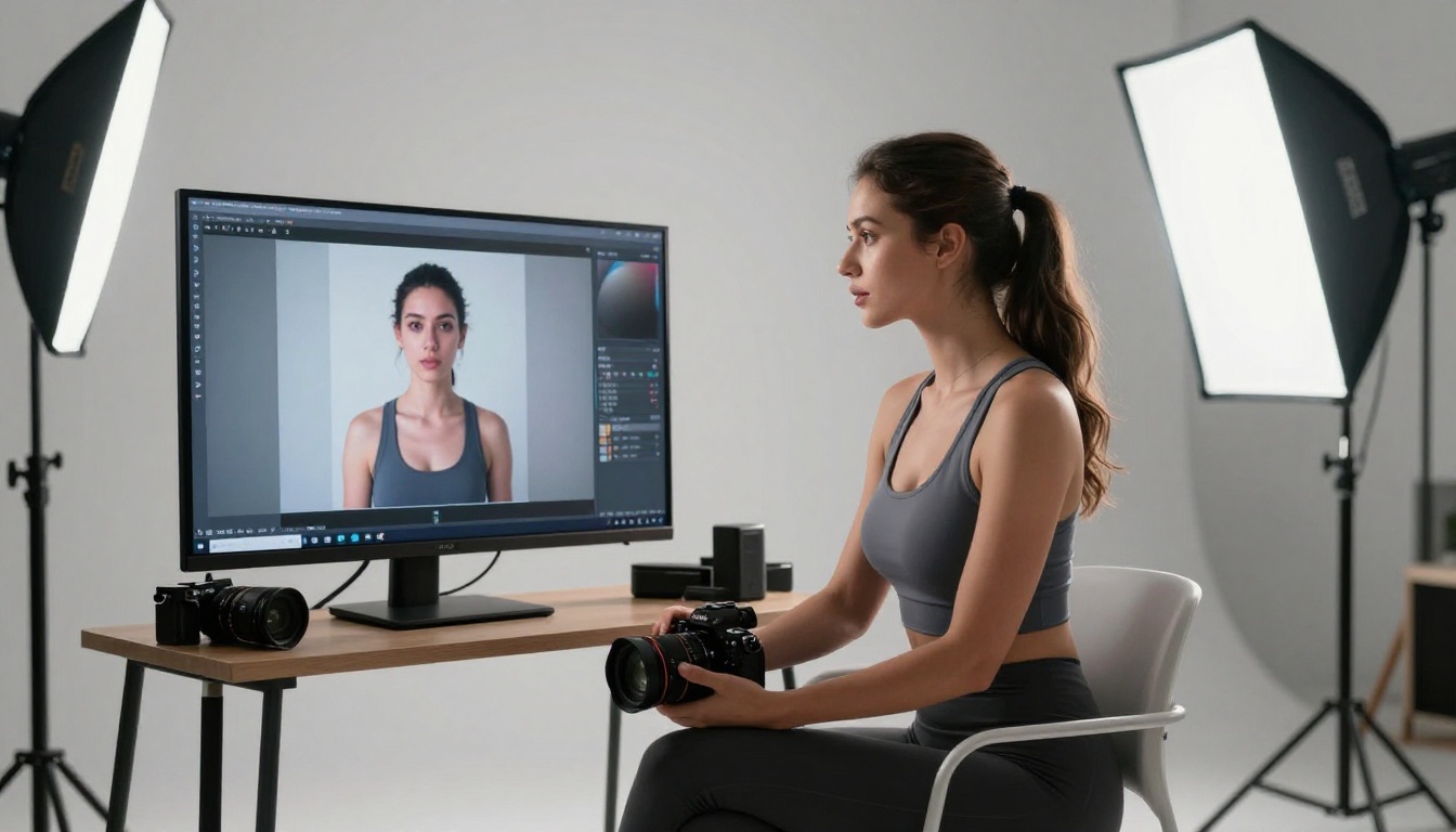 A creator studying video upscaling results in a professional studio environment