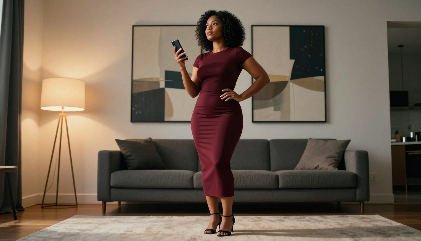 Woman in burgundy dress holding phone confidently in modern apartment