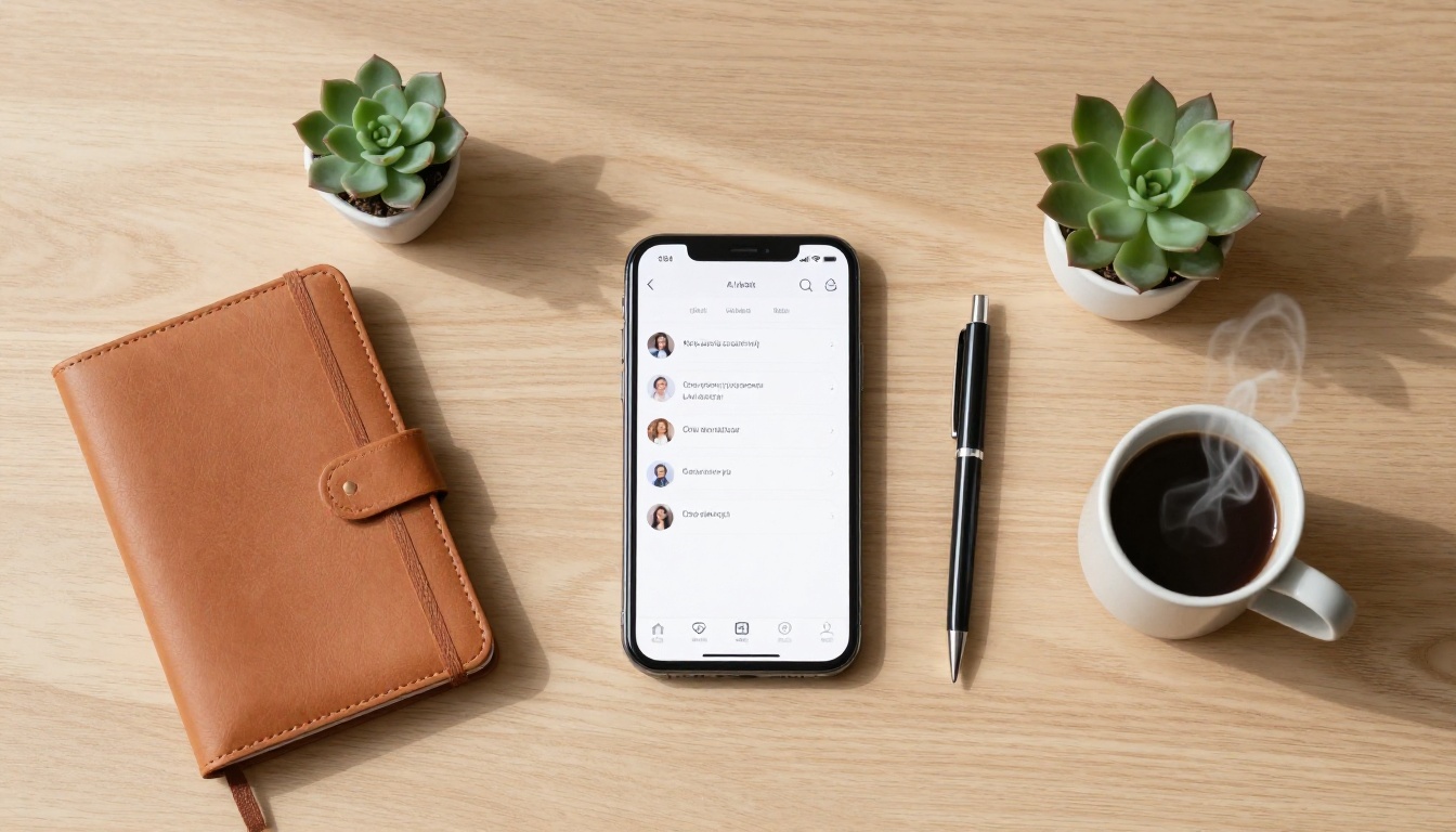 Aerial flat-lay of a workspace with phone showing AI chat app Aerial flat-lay of a workspace with phone showing AI chat app
