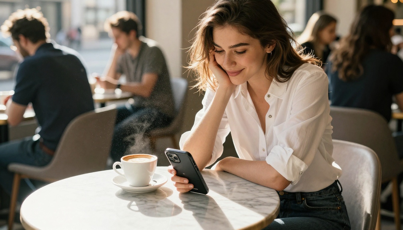 Woman at marble cafe table with coffee and smartphone propped beside her