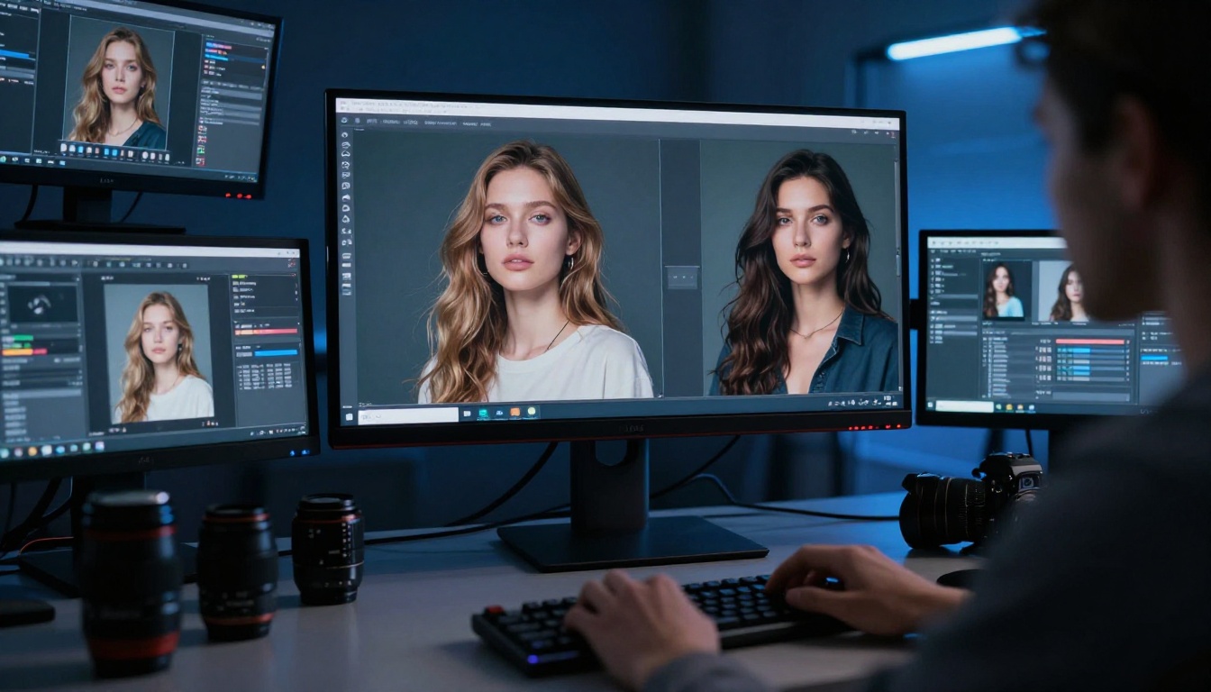 AI image editing studio with multiple monitors