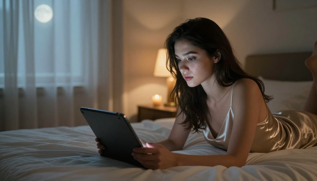 Woman reclining on bed reading a tablet, warm candlelight atmosphere Woman reclining on bed reading a tablet, warm candlelight atmosphere