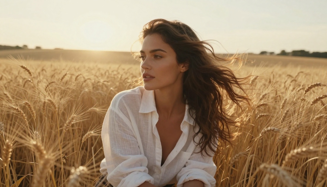 Brunette woman in golden Tuscan wheat field at golden hour