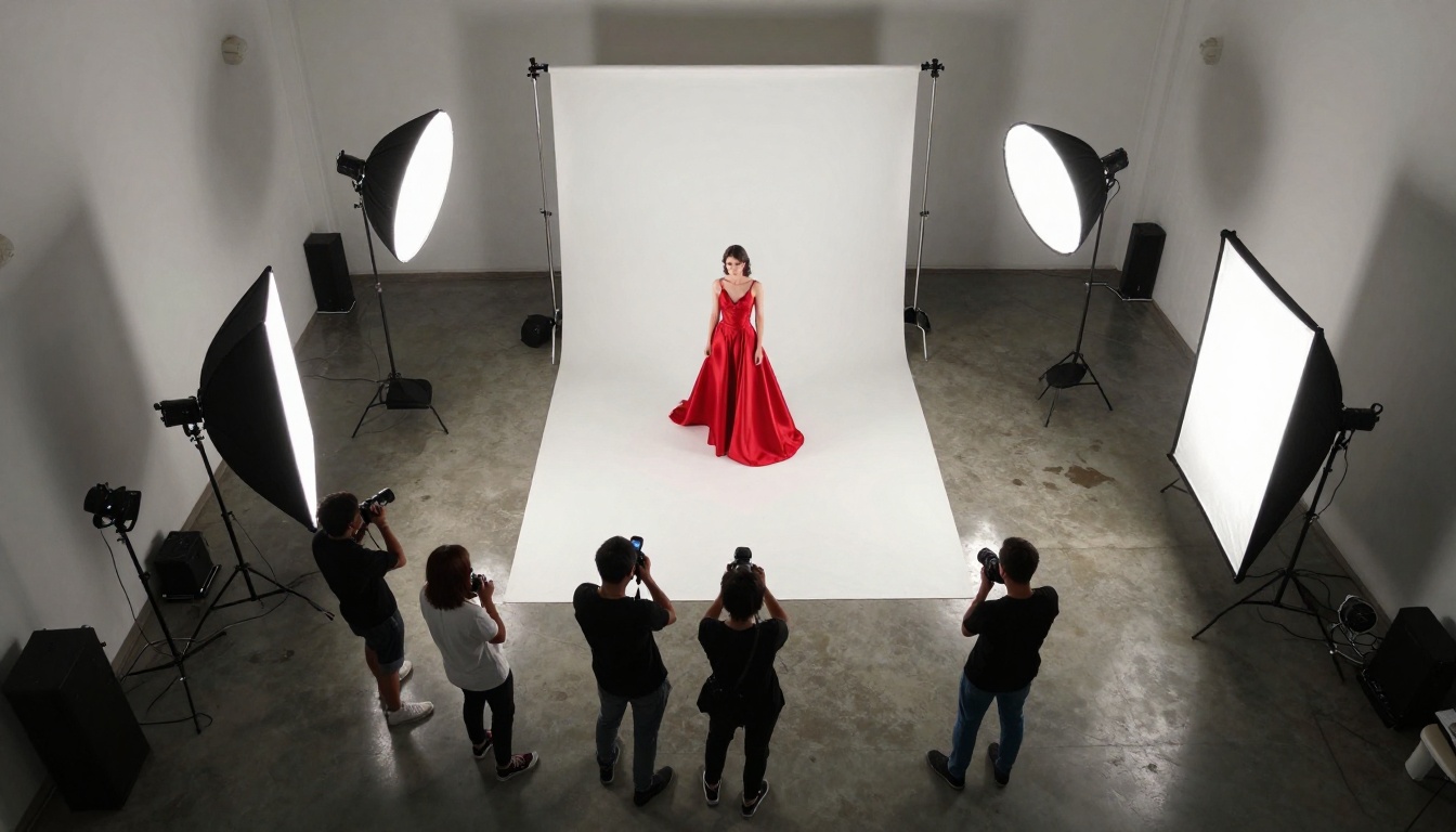 Aerial view of a professional fashion photography studio setup with lighting rigs and a model on the white backdrop