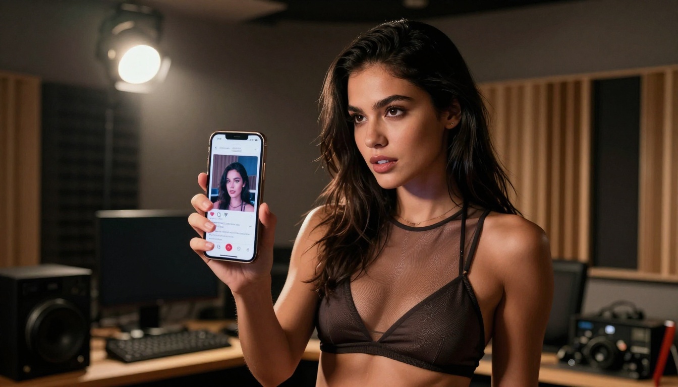 A woman reviewing NSFW AI video outputs in a creative recording studio