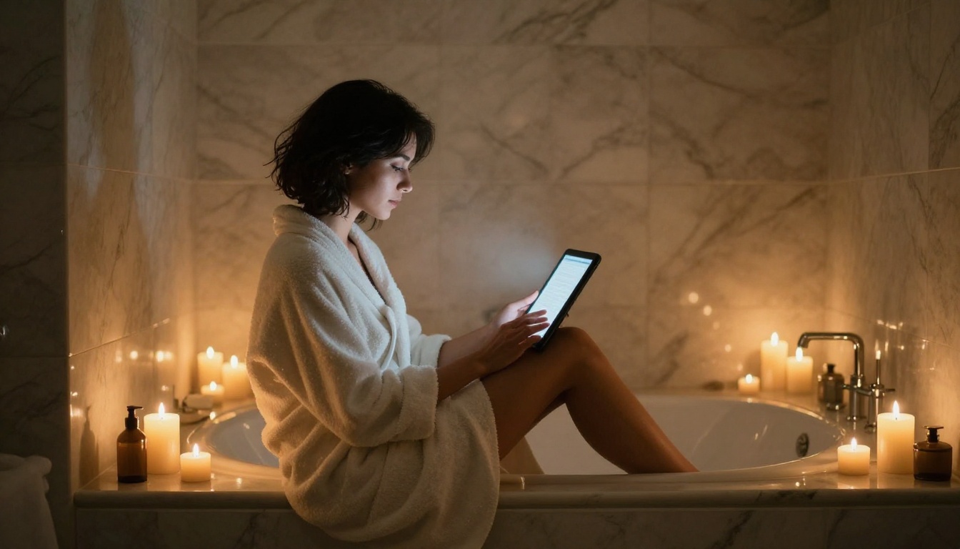 Woman in white towel robe reading tablet beside candlelit bathtub
