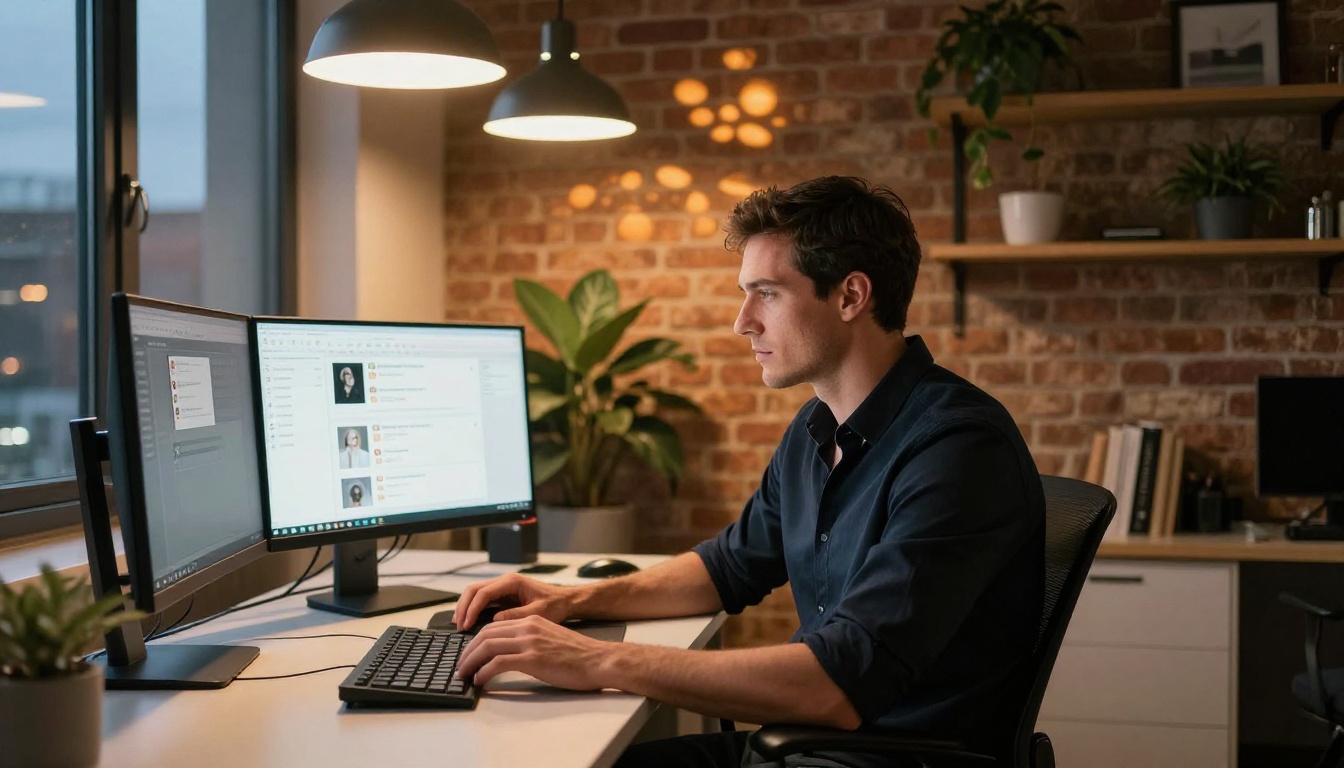 Man at a home office desk looking at multiple chat windows on a curved monitor