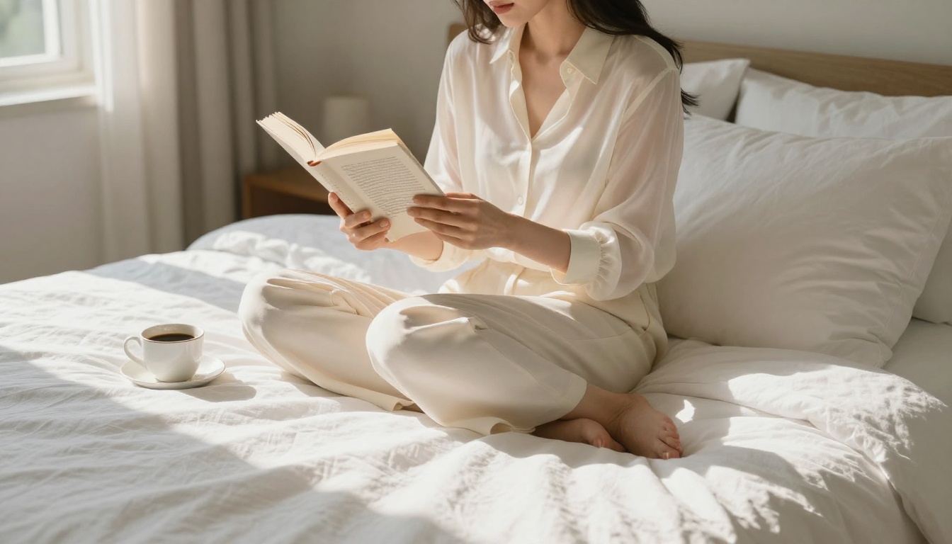 A woman in silk pajamas reading on a king-size bed, morning sunlight streaming through floor-to-ceiling windows