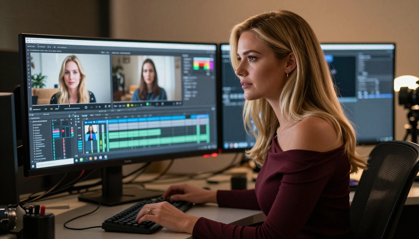 A focused creator at a professional multi-screen video editing suite