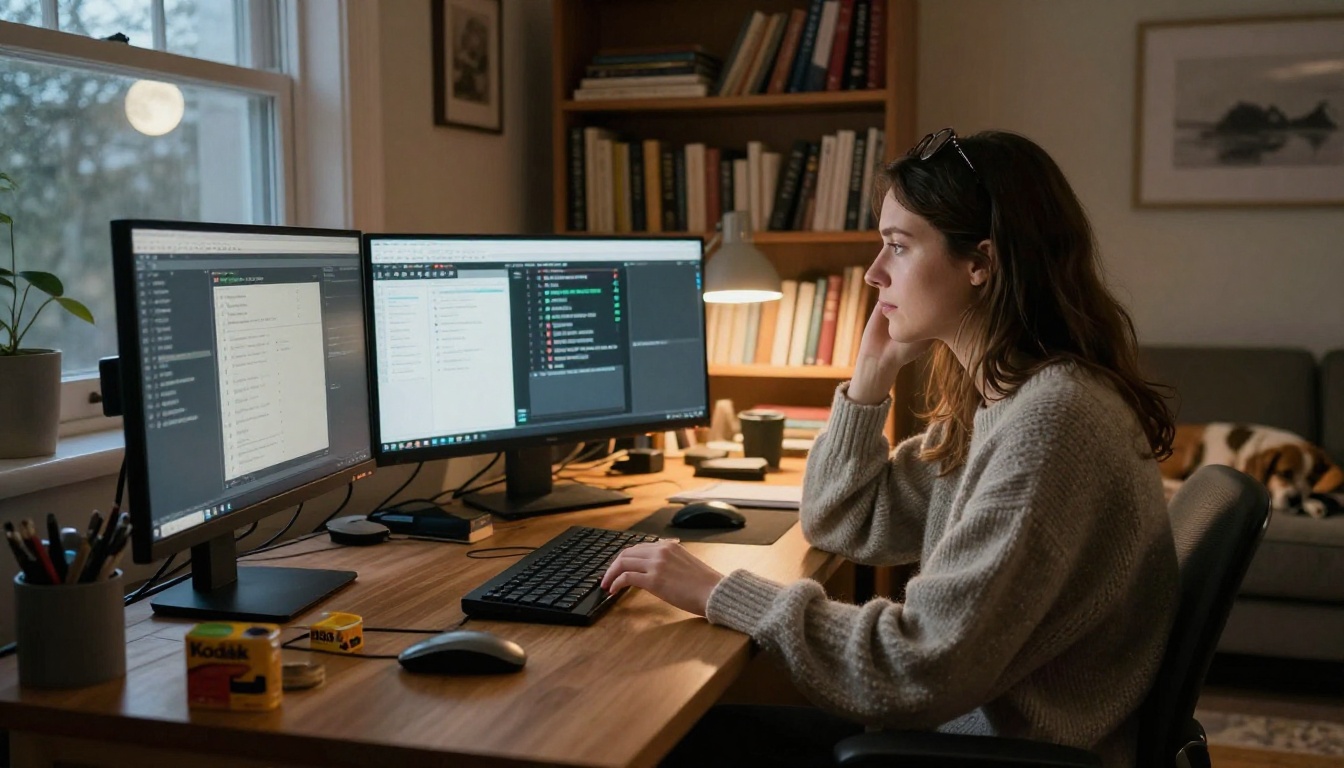 Woman at large wooden desk with multiple monitors in cozy home study at night