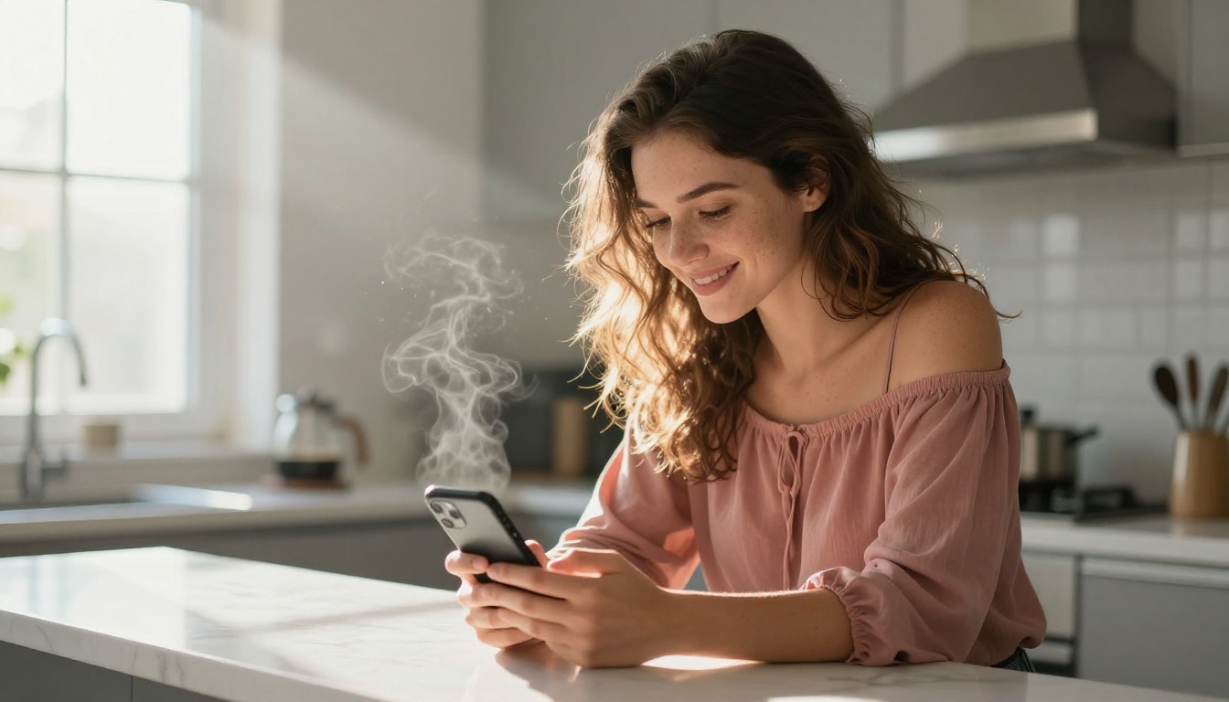 Woman smiling at phone in morning kitchen, warm natural light