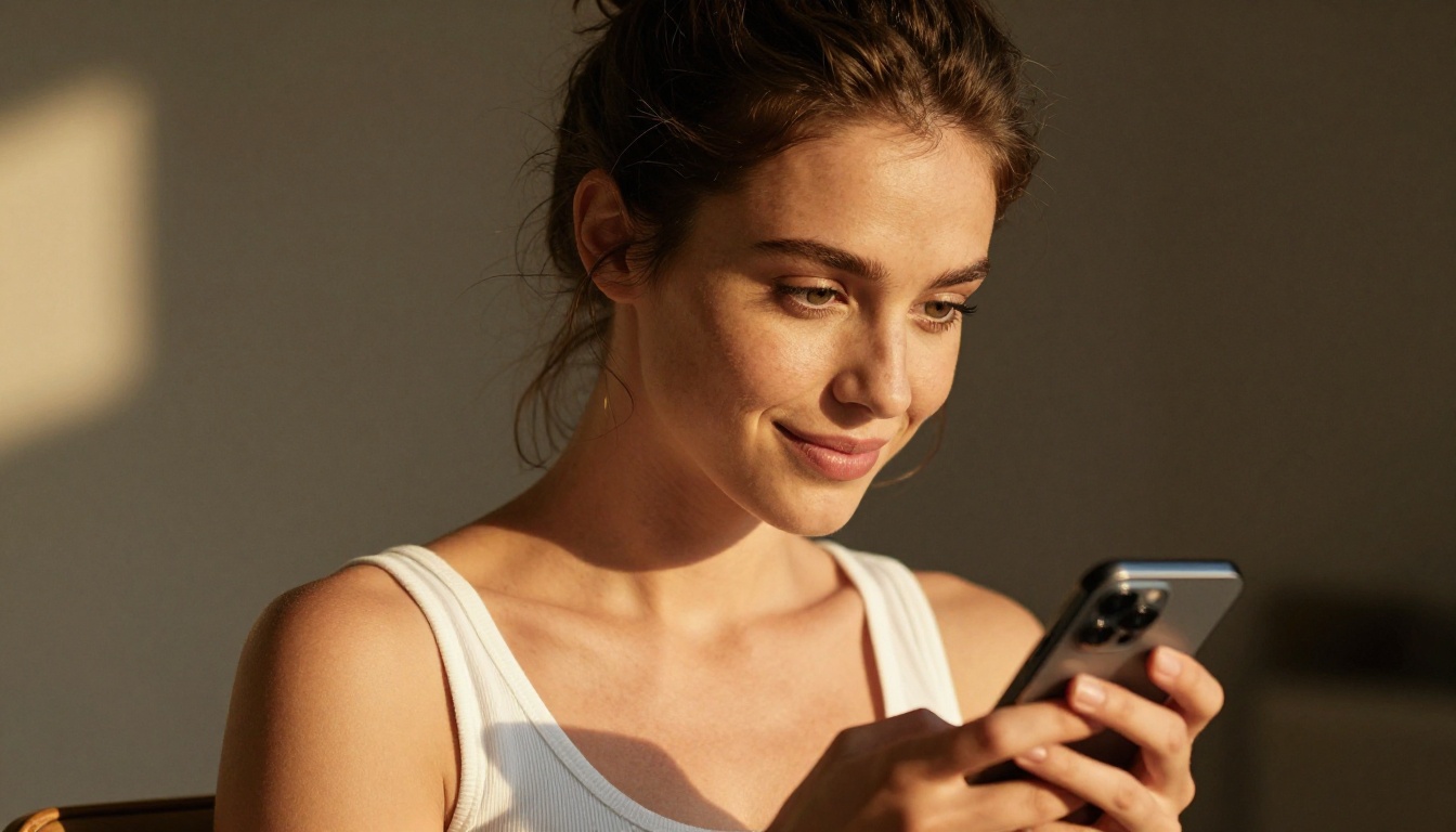Golden hour close-up portrait of woman reading a message on her smartphone with a private smile