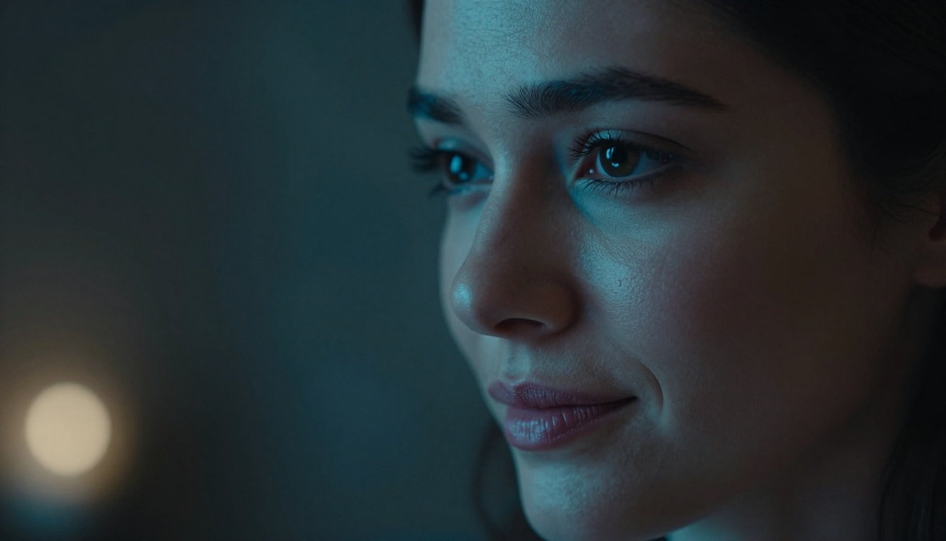 Dramatic close-up portrait of a woman's face lit by screen glow in darkness