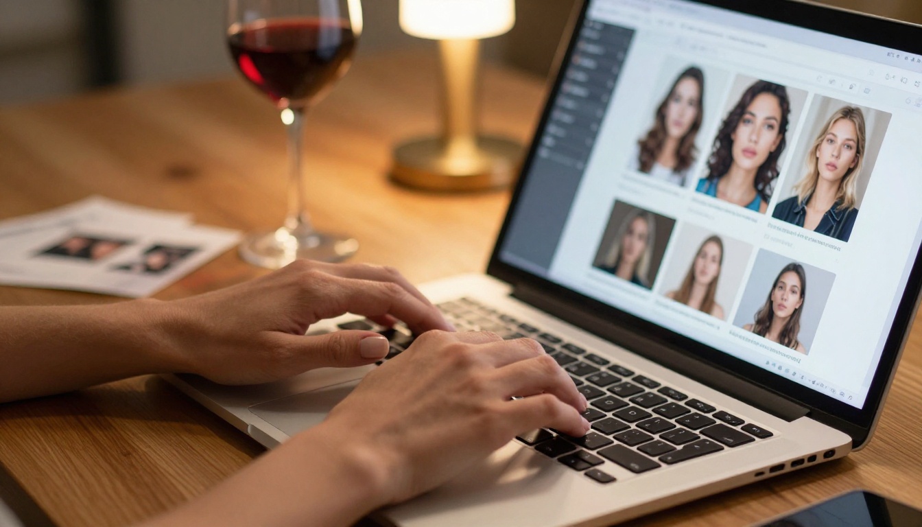 Close-up of feminine hands typing on a laptop showing an AI image generation interface, warm ambient lighting