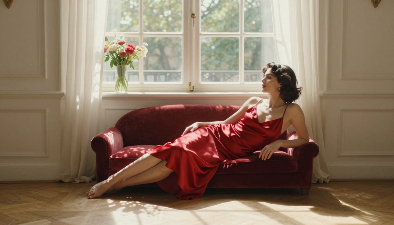 A woman in a vintage-inspired red satin slip dress reclining on a velvet daybed in a sun-drenched Paris apartment, afternoon light through tall windows