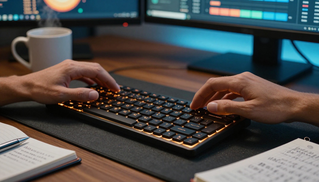 Creative workspace with multiple screens and keyboard