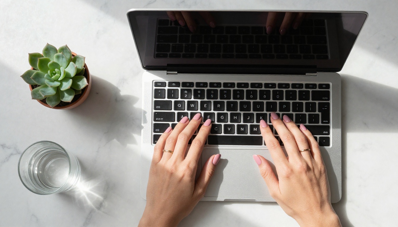 Overhead view of a woman's hands typing on a laptop on a white marble desk, rose-painted nails, midday natural light