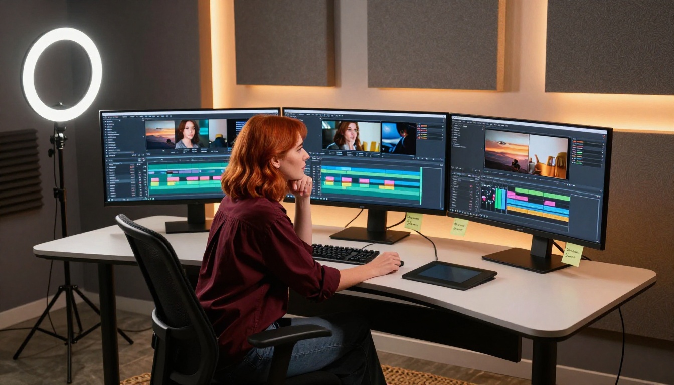 Professional content creator studio with triple monitor setup
