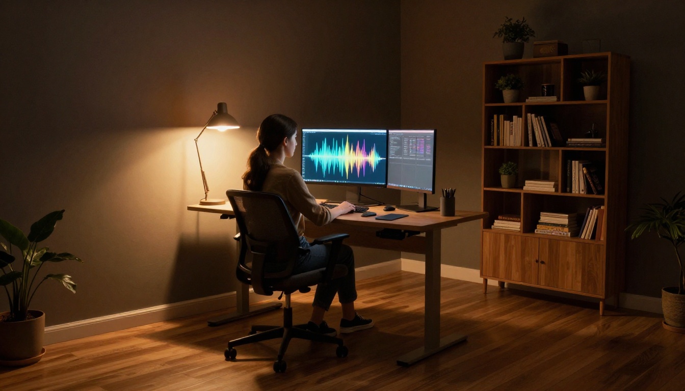 Wide-angle shot of a woman working at a standing desk in a private home office at night, single warm desk lamp, bookshelves behind her