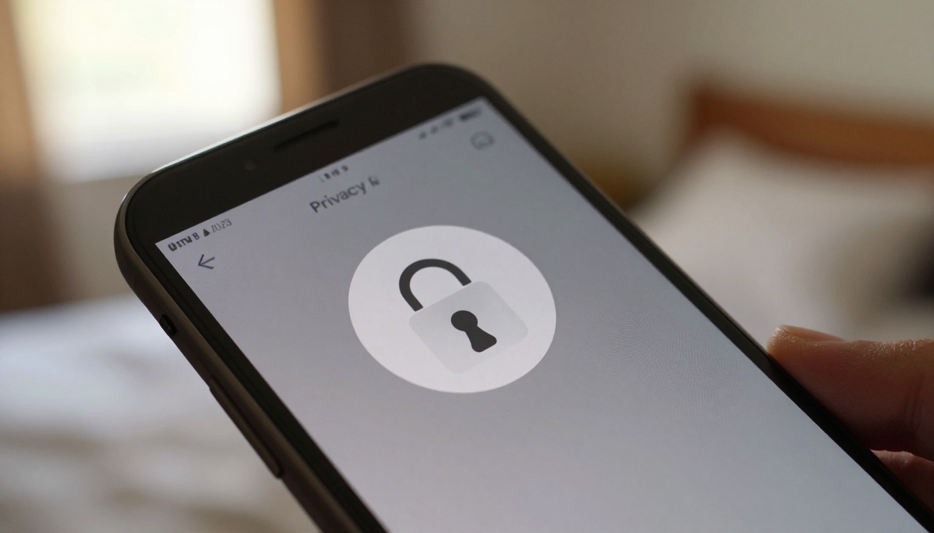 Extreme close-up of a smartphone lock screen with a padlock privacy icon, soft bedroom interior visible out of focus in the background