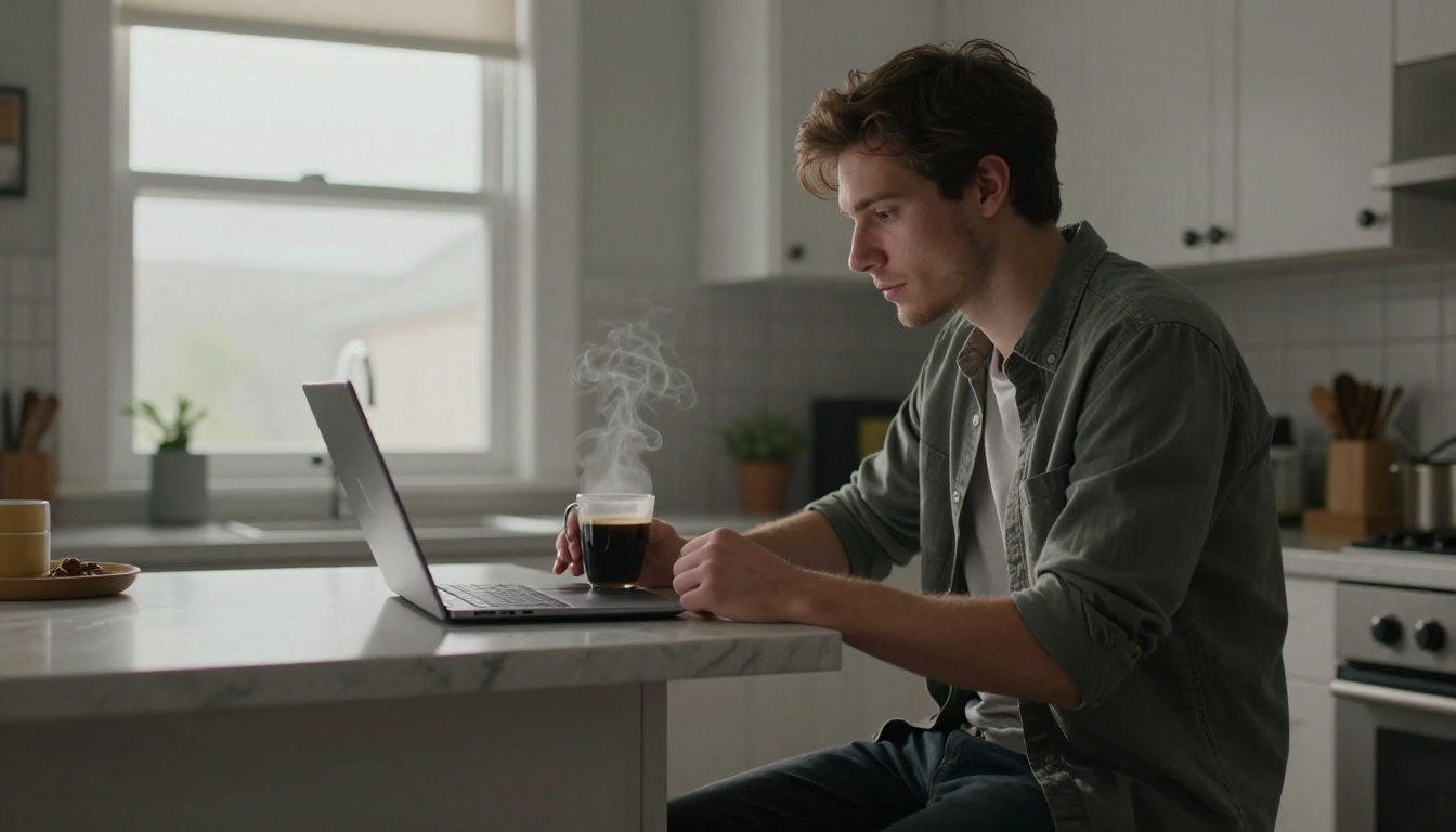 Side profile of a young man at a kitchen island with a laptop and steaming coffee mug, soft overcast window light