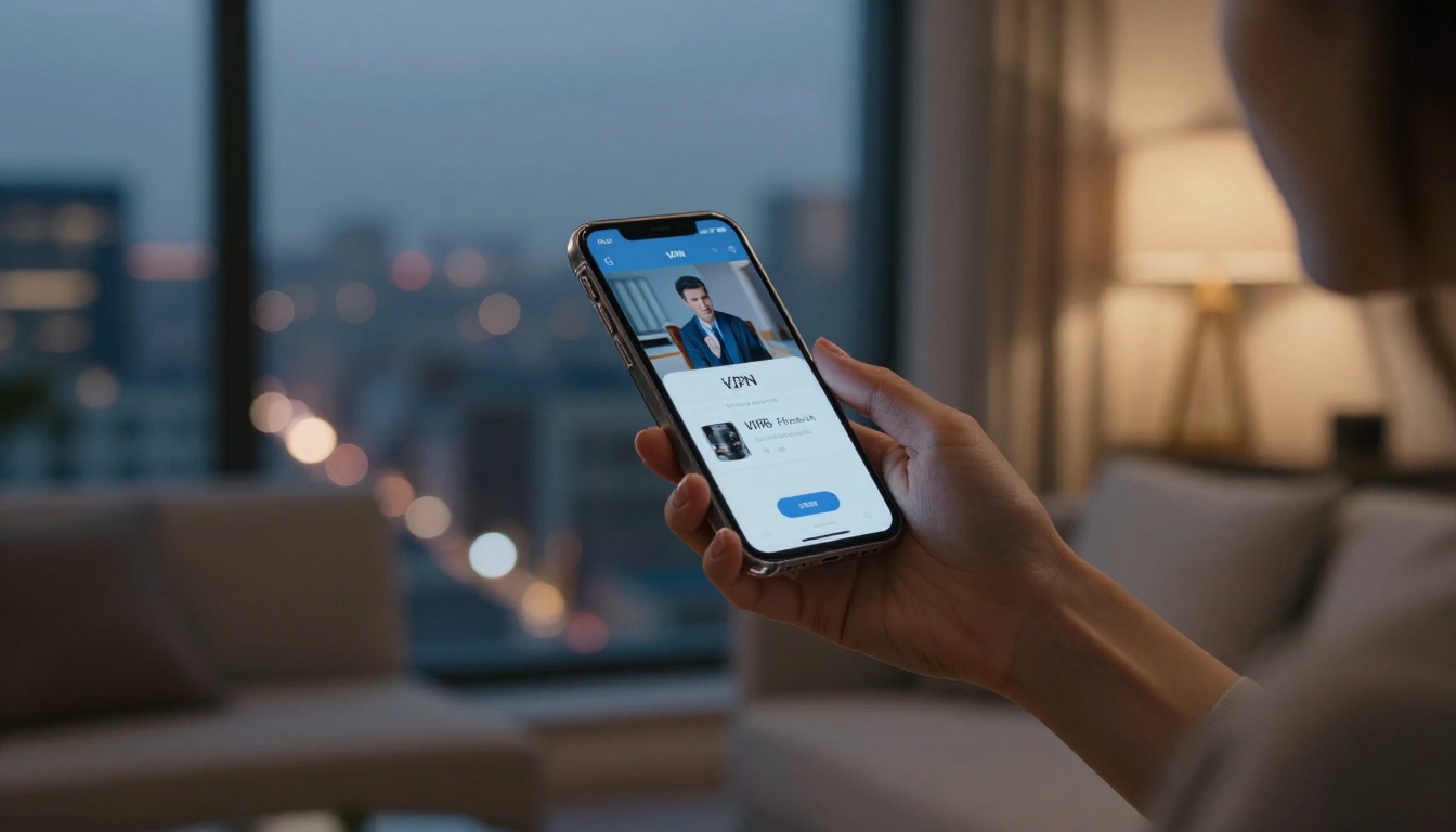 Cinematic three-quarter shot of a woman's hand holding a smartphone with a VPN interface, city lights blurred in the dusk background