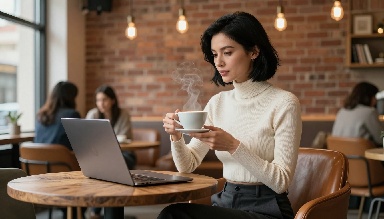 Woman at cafe with laptop and coffee