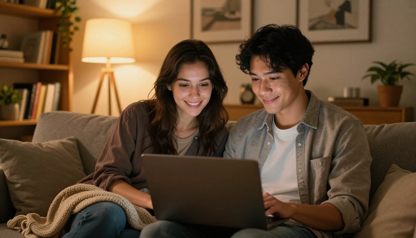 Warm low-angle shot of a couple on a couch looking at a shared laptop together, golden lamp light, bookshelves and plants in background