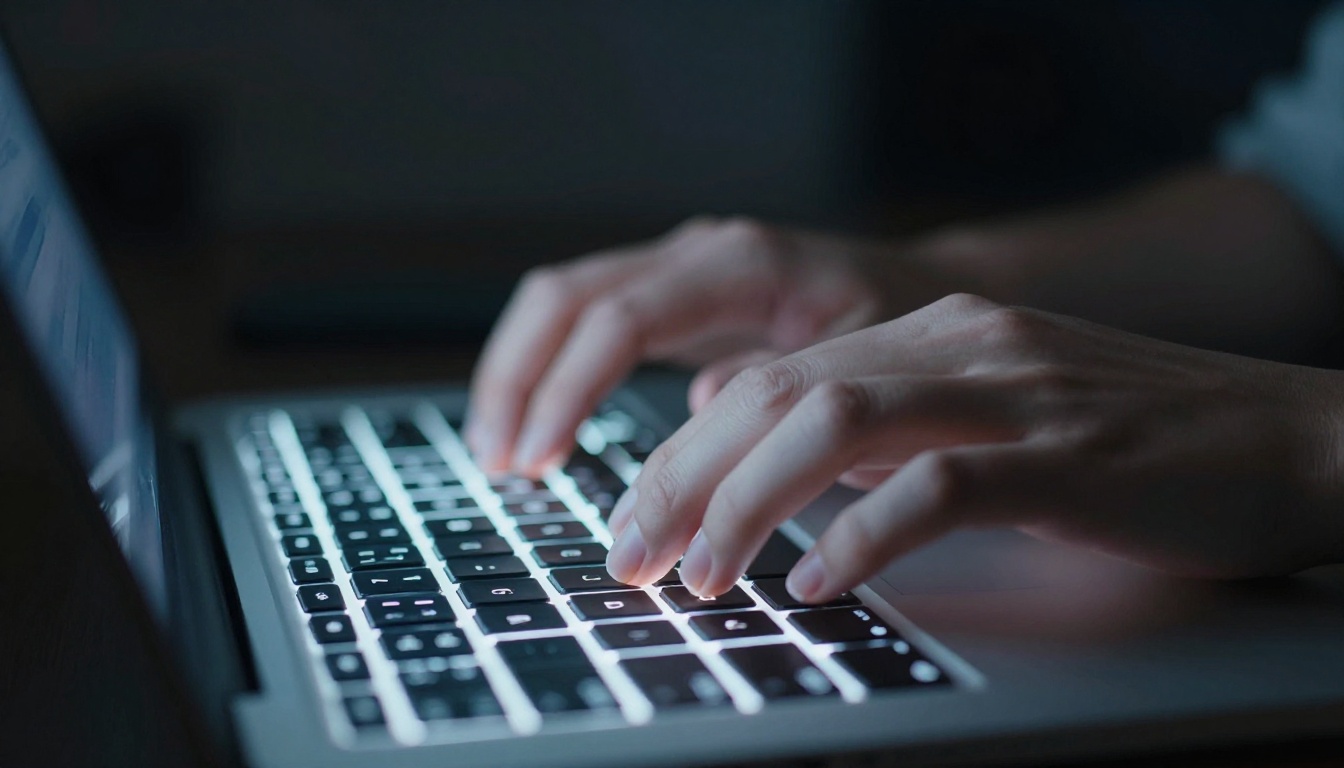 Artistic close-up of a woman's hands typing on a backlit laptop keyboard in a dark room, chiaroscuro lighting, motion in the fingers