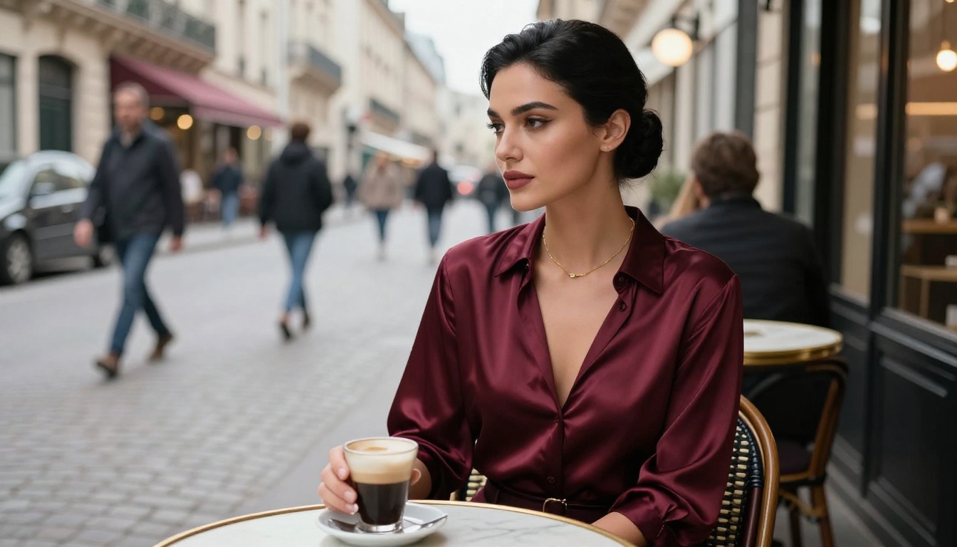 Elegant woman at Parisian cafe in burgundy satin blouse