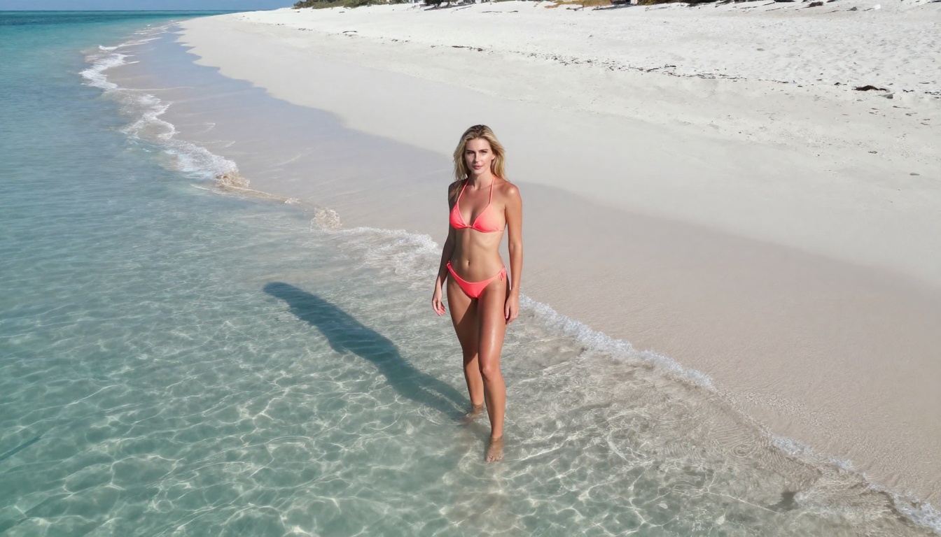 Aerial beach photography, woman in coral bikini at low tide