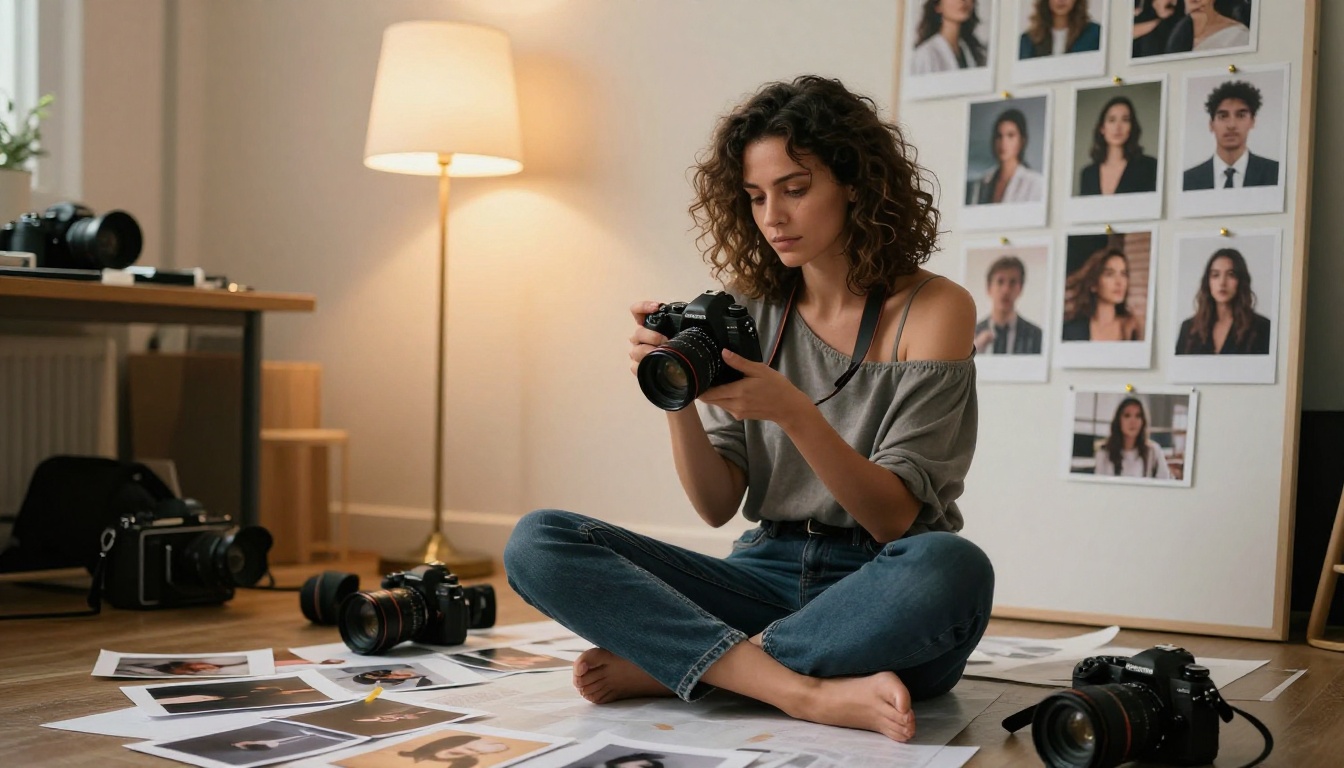 Creative woman photographer in studio surrounded by equipment