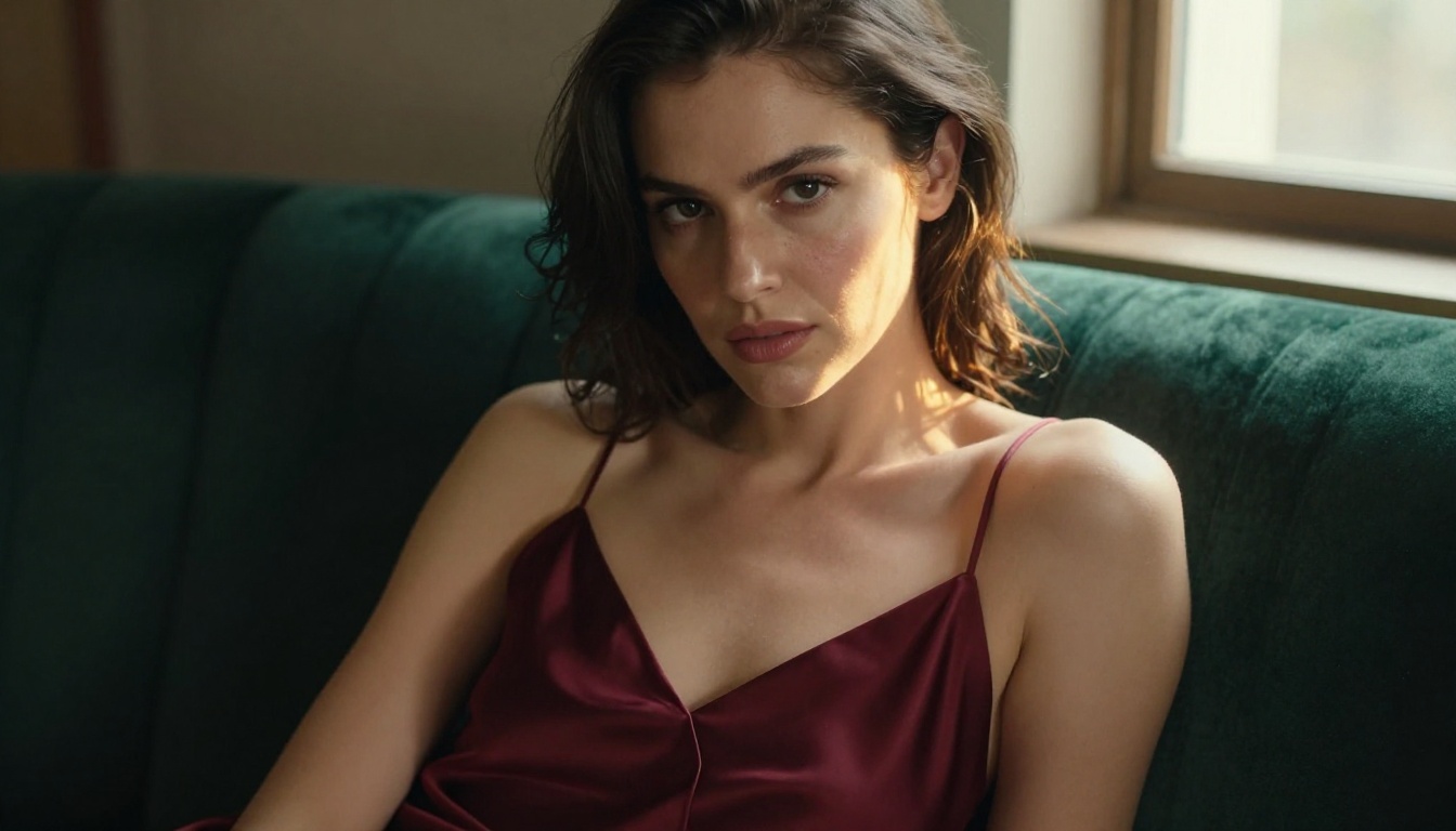Confident woman in editorial glamour setting with cinematic warm rim lighting