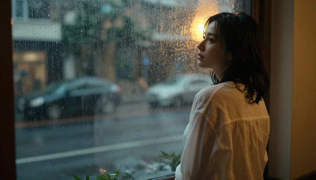 Woman at rain-soaked window with cinematic amber backlight and silhouette effect