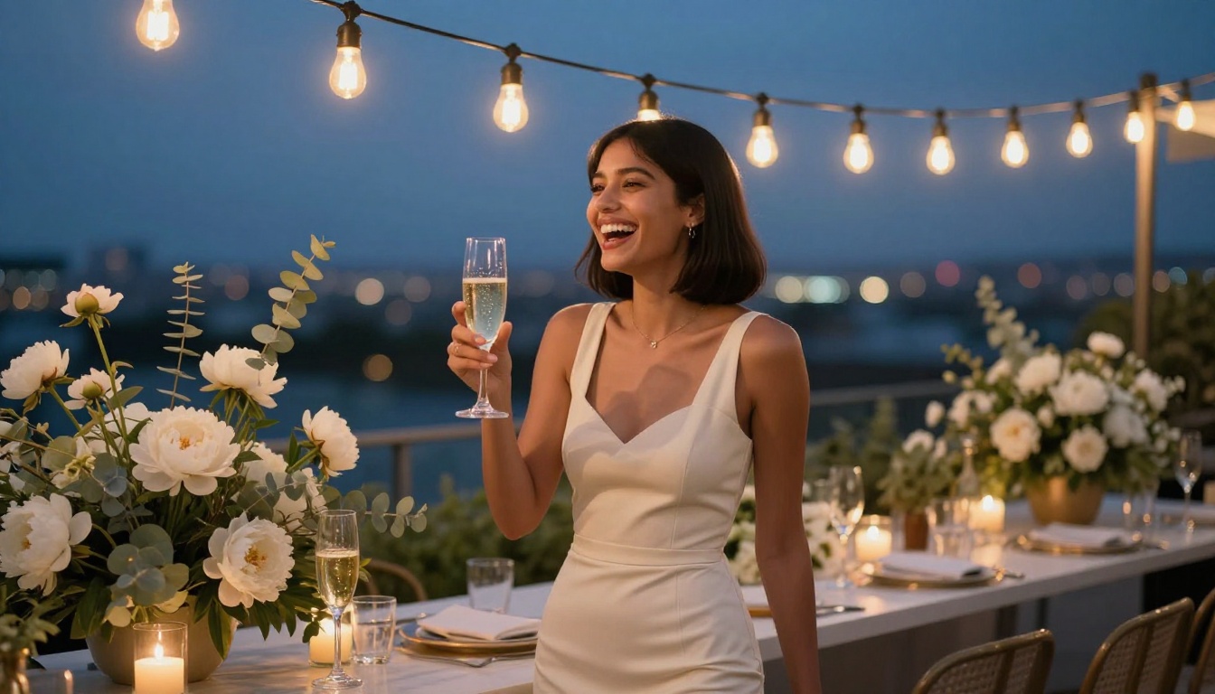 Woman laughing at rooftop garden party, Edison bulb string lights at dusk