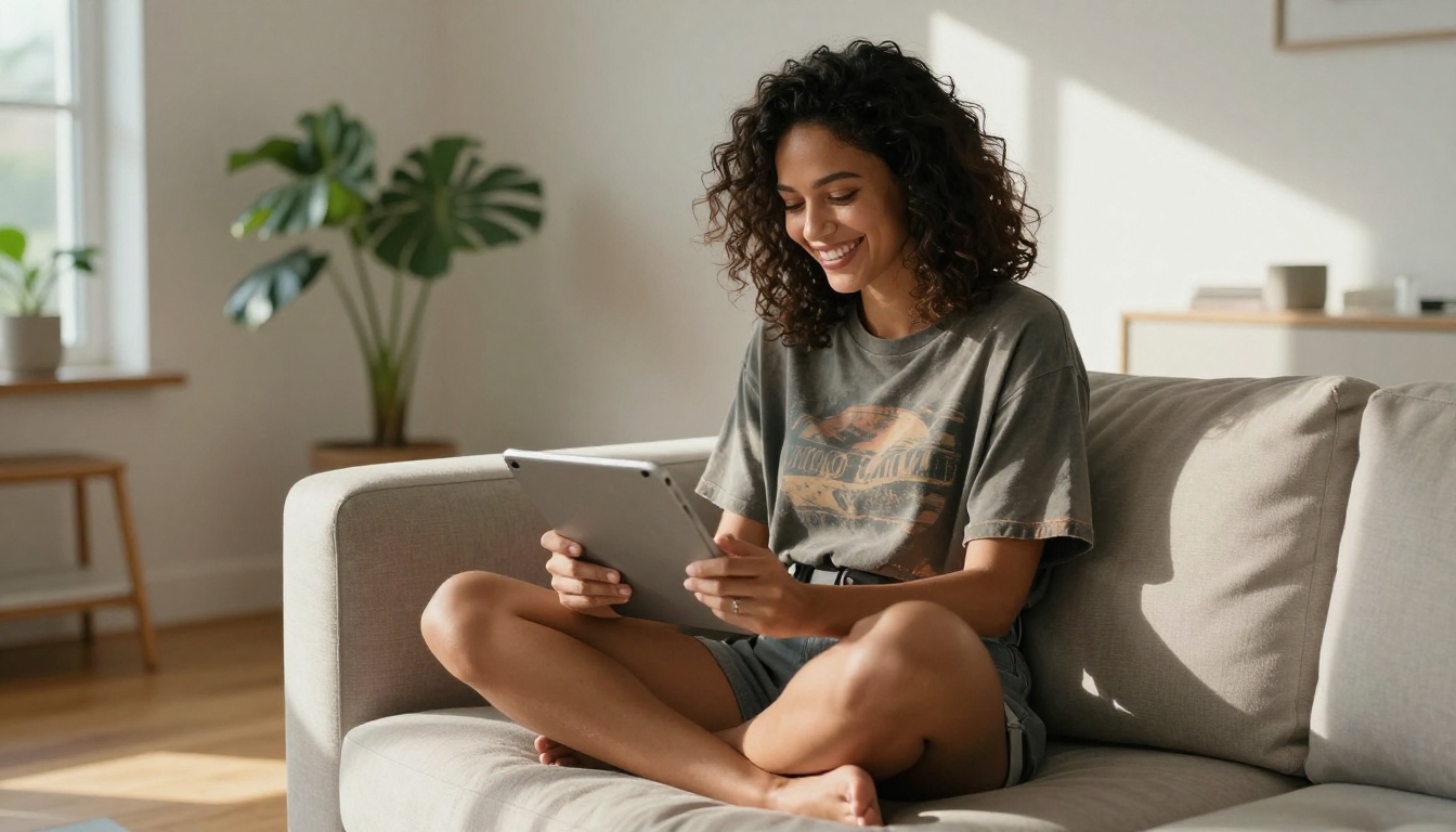 Attractive woman with curly hair laughing naturally while scrolling on tablet at home Attractive woman with curly hair laughing naturally while scrolling on tablet at home