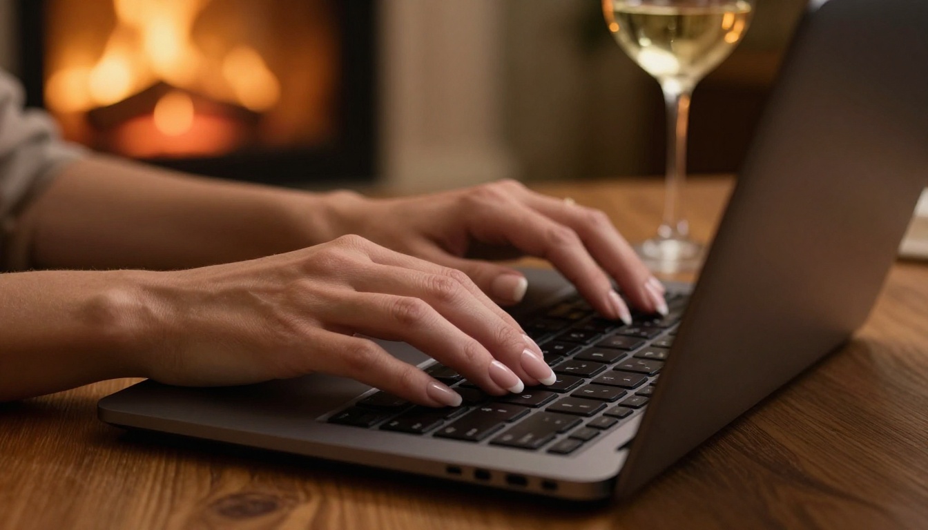 Close-up of elegant manicured hands typing on laptop keyboard by warm fireplace glow Close-up of elegant manicured hands typing on laptop keyboard by warm fireplace glow