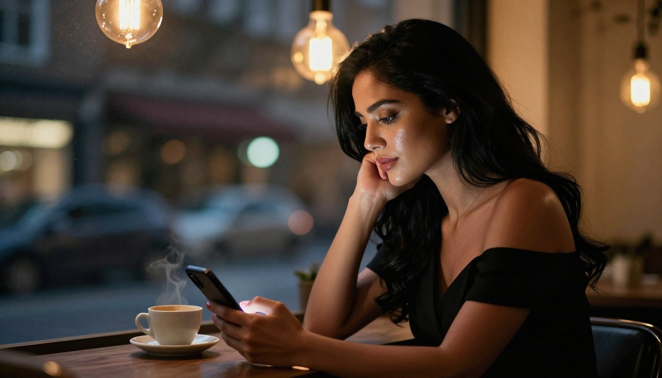 Gorgeous woman with olive skin at cafe window at night looking at glowing smartphone