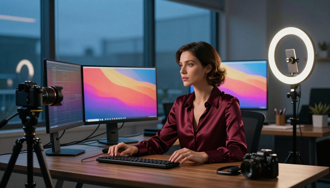 Professional content creator woman at modern dual-monitor workstation with ring light and DSLR setup